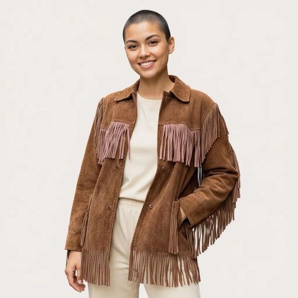Vintage Brown Suede Leather Fringe Jacket Medium fit Montgomery Ward The Tannery - Picture 6 of 12